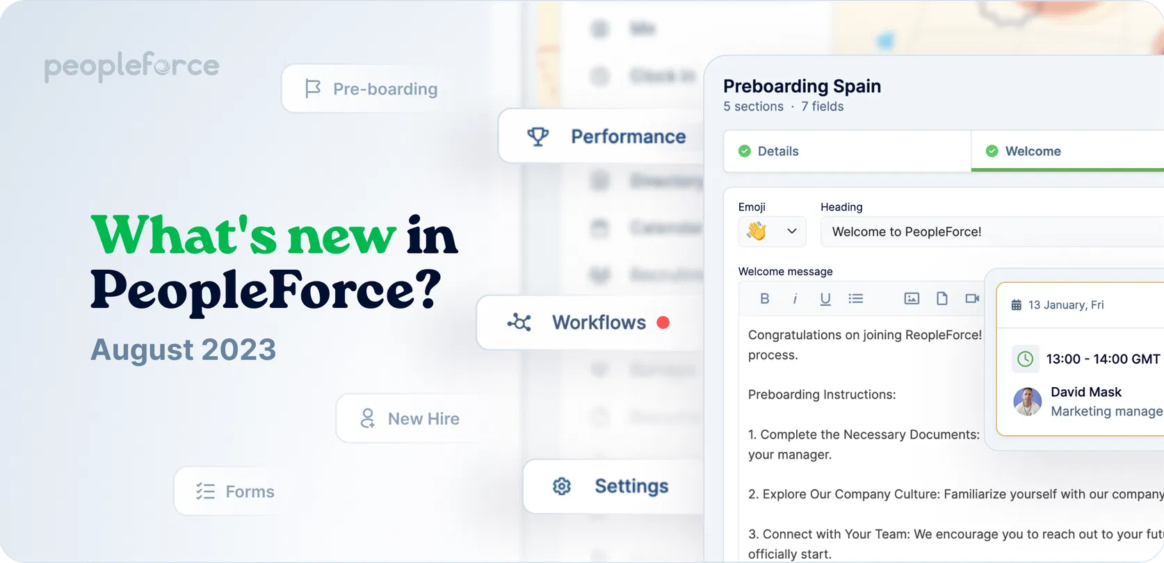 Pre-boarding and new hire forms, performance review and security settings improvements
