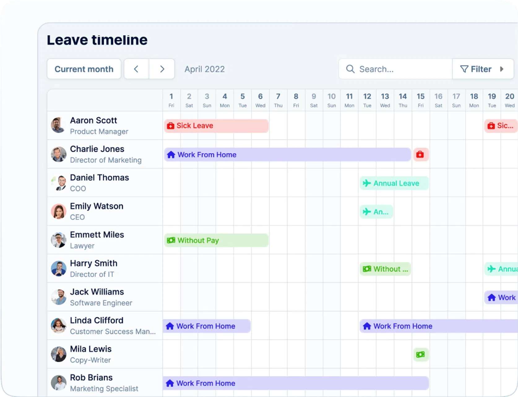 Leave & paid time off tracking: Calendar and timeline